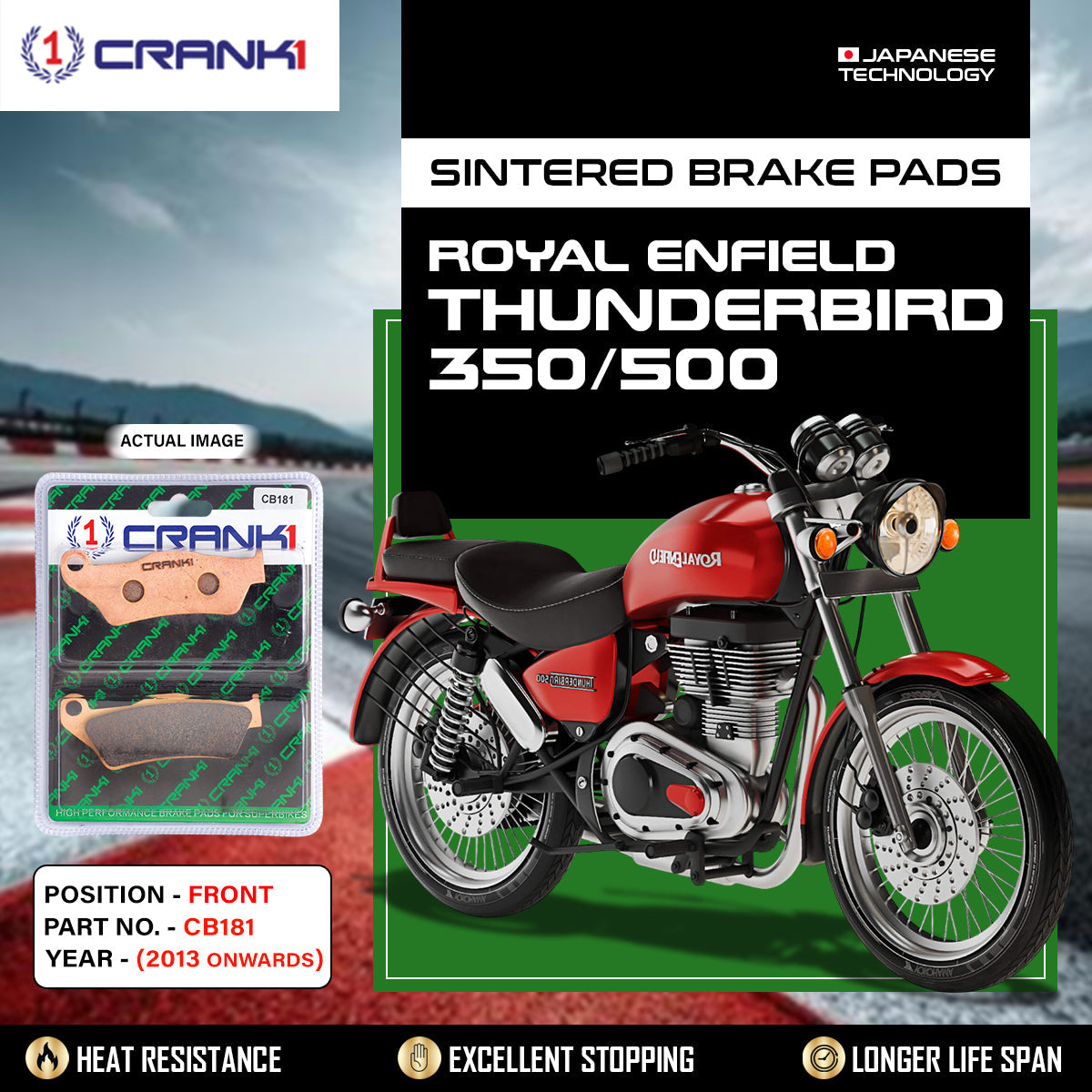 Sintered Brake Pads For Royal Enfield Thunderbird 350/500 (2013 Onwards)  - Front - CB181 - 1 Set - CRANK1