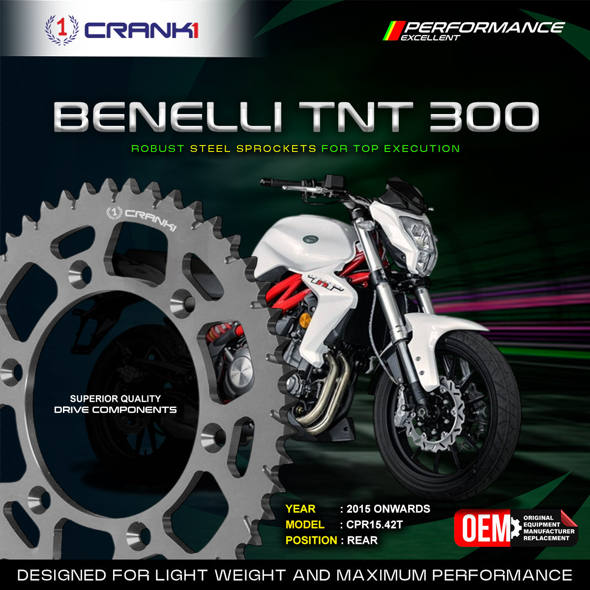 Sprocket For Benelli TNT 300 (2015 Onwards) - Rear - CPR15.42T - CRANK1