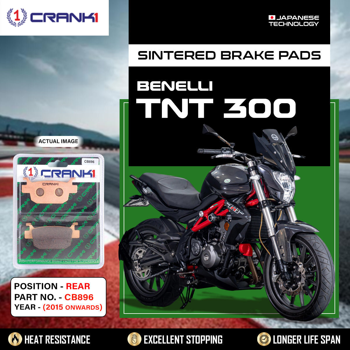 Sintered Brake Pads For Benelli TNT 300 (2015 Onwards) - Rear - CB896 - 1 Set - CRANK1