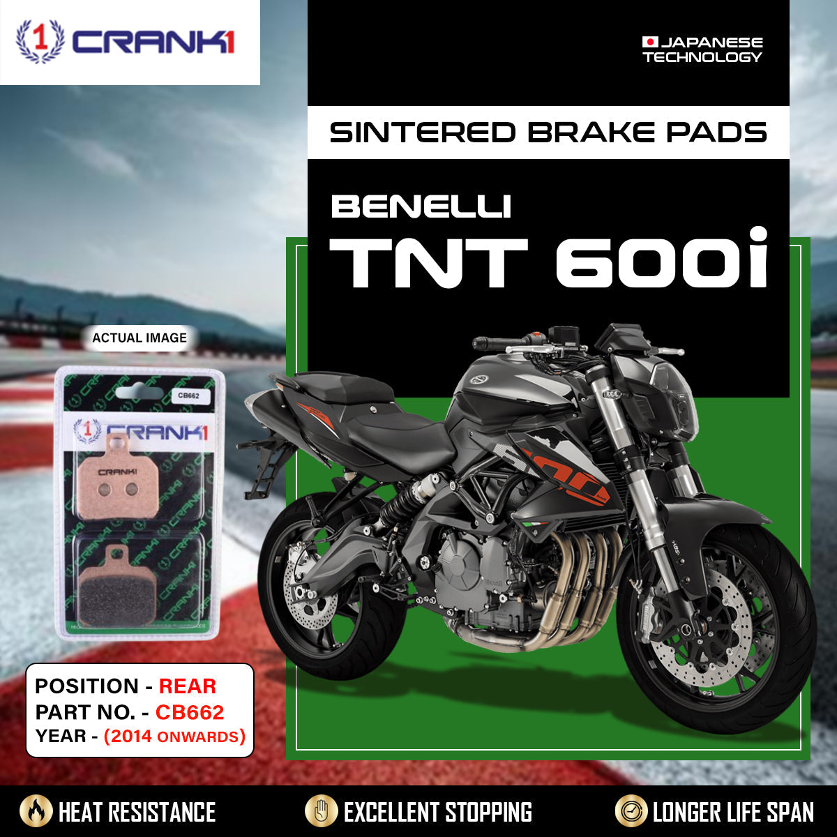 Sintered Brake Pads For Benelli TNT 600i (2014 Onwards) - Rear - CB662 - 1 Set - CRANK1