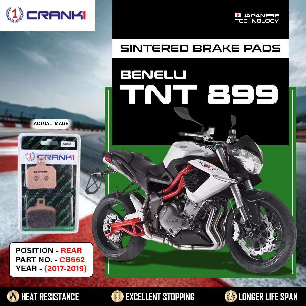 Sintered Brake Pads For Benelli TNT 899 (2017-2019) - Rear - CB662 - 1 Set - CRANK1