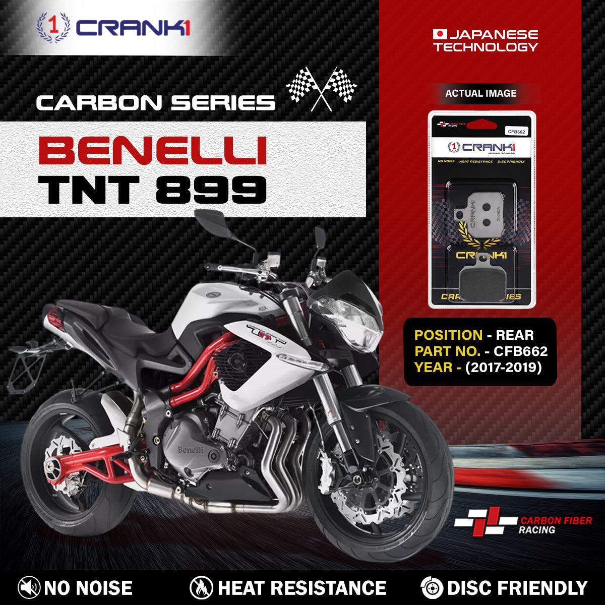 Carbon Brake Pads For Benelli TNT 899 (2017-2019) - Rear - CFB662 - 1 Set - CRANK1