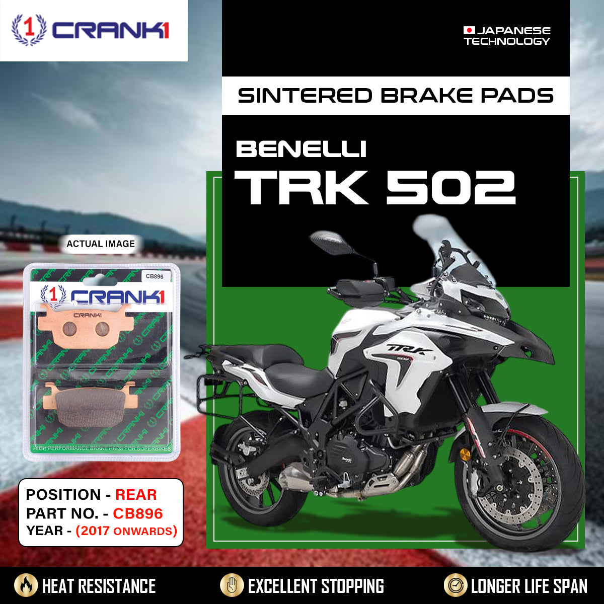 Sintered Brake Pads For Benelli TRK 502 (2017 Onwards) - Rear - CB896 - 1 Set - CRANK1
