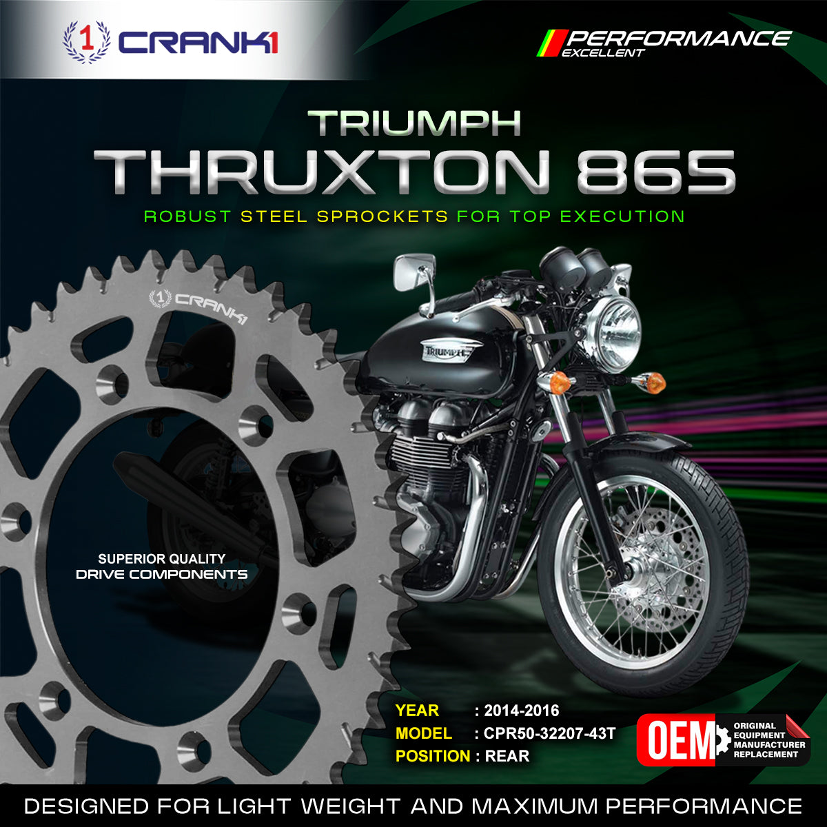 Sprocket For Triumph Thruxton 865 (2014-2016) - Rear - CPR50-32207-43T - CRANK1