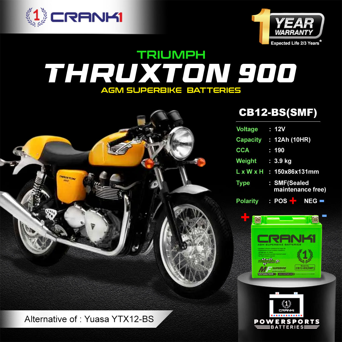 Battery For Triumph Thruxton 900 (2003-2025) - CB12-BS - Factory Activated - CRANK1