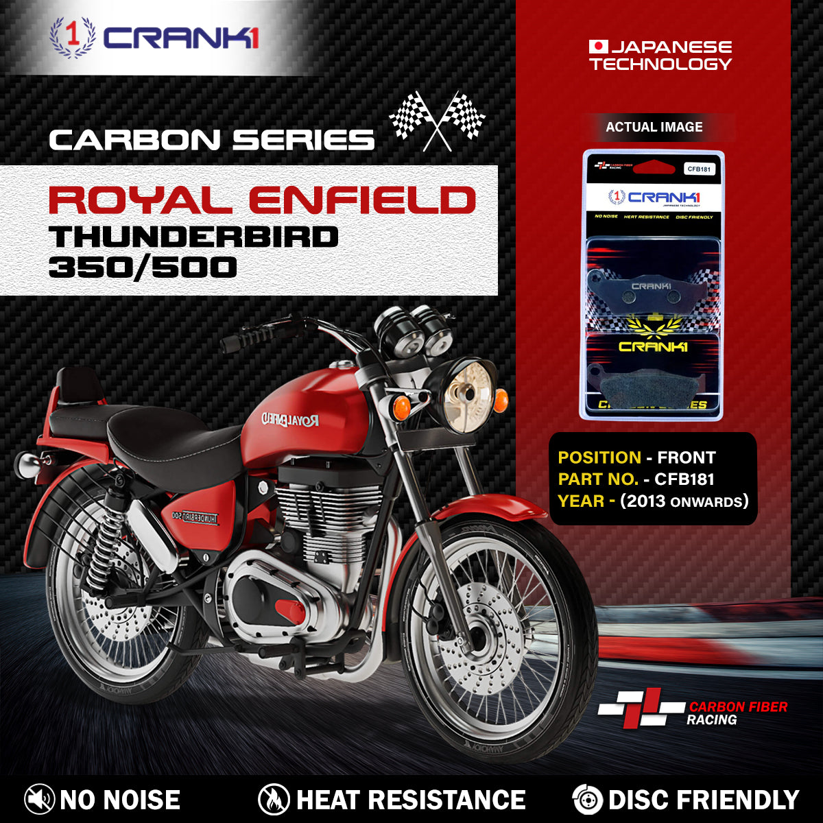 Carbon Brake Pads For Royal Enfield Thunderbird 350/500 (2013 Onwards) - Front - CFB181 - 1 Set - CRANK1