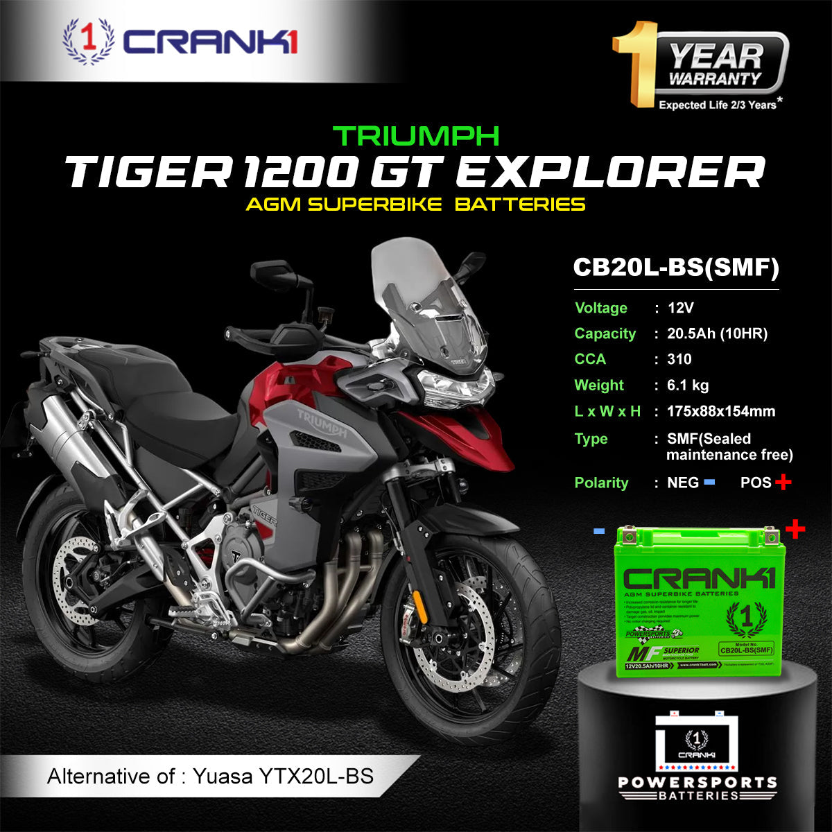 Battery For Triumph Tiger 1200 GT Explorer - CB20L-BS - Factory Activated - CRANK1