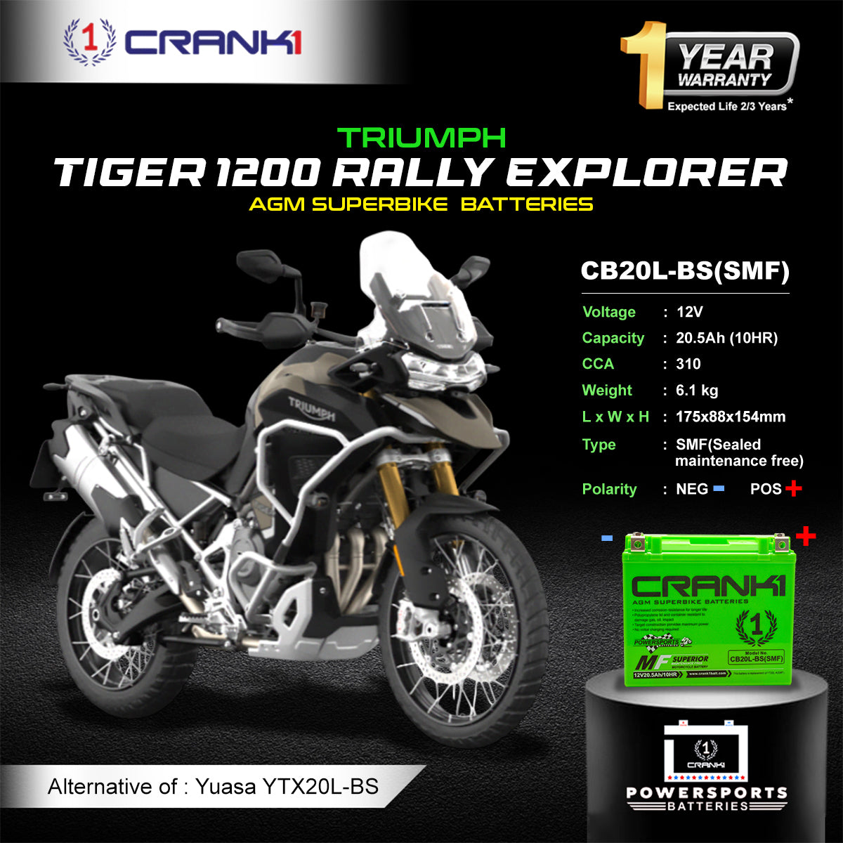 Battery For Triumph Tiger 1200 Rally Explorer - CB20L-BS - Factory Activated - CRANK1