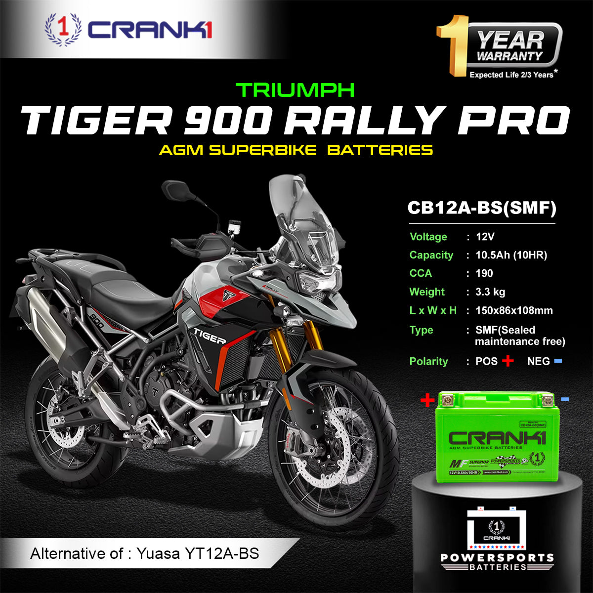 Battery For Triumph Tiger 900 Rally Pro (2024 onwards) - CB12A-BS - Factory Activated - CRANK1