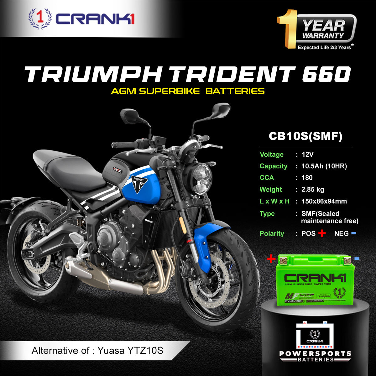 Battery For Triumph Trident 660 - CB10S - Factory Activated - CRANK1