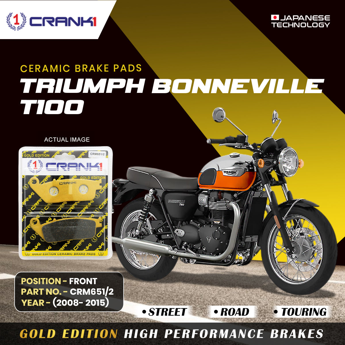 Ceramic Brake Pads For Triumph Bonneville T100 (2008-2015) - Front -  CRM651/2 - 1 Set - CRANK1