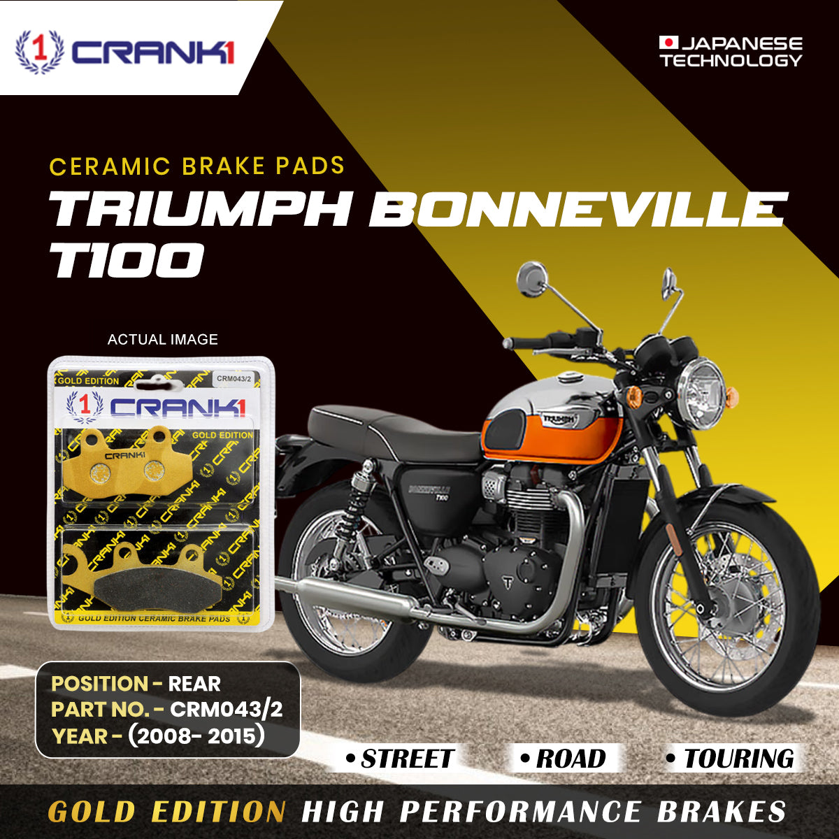 Ceramic Brake Pads For Triumph Bonneville T100 (2008-2015) - Rear - CRM043/2 - 1 Set - CRANK1