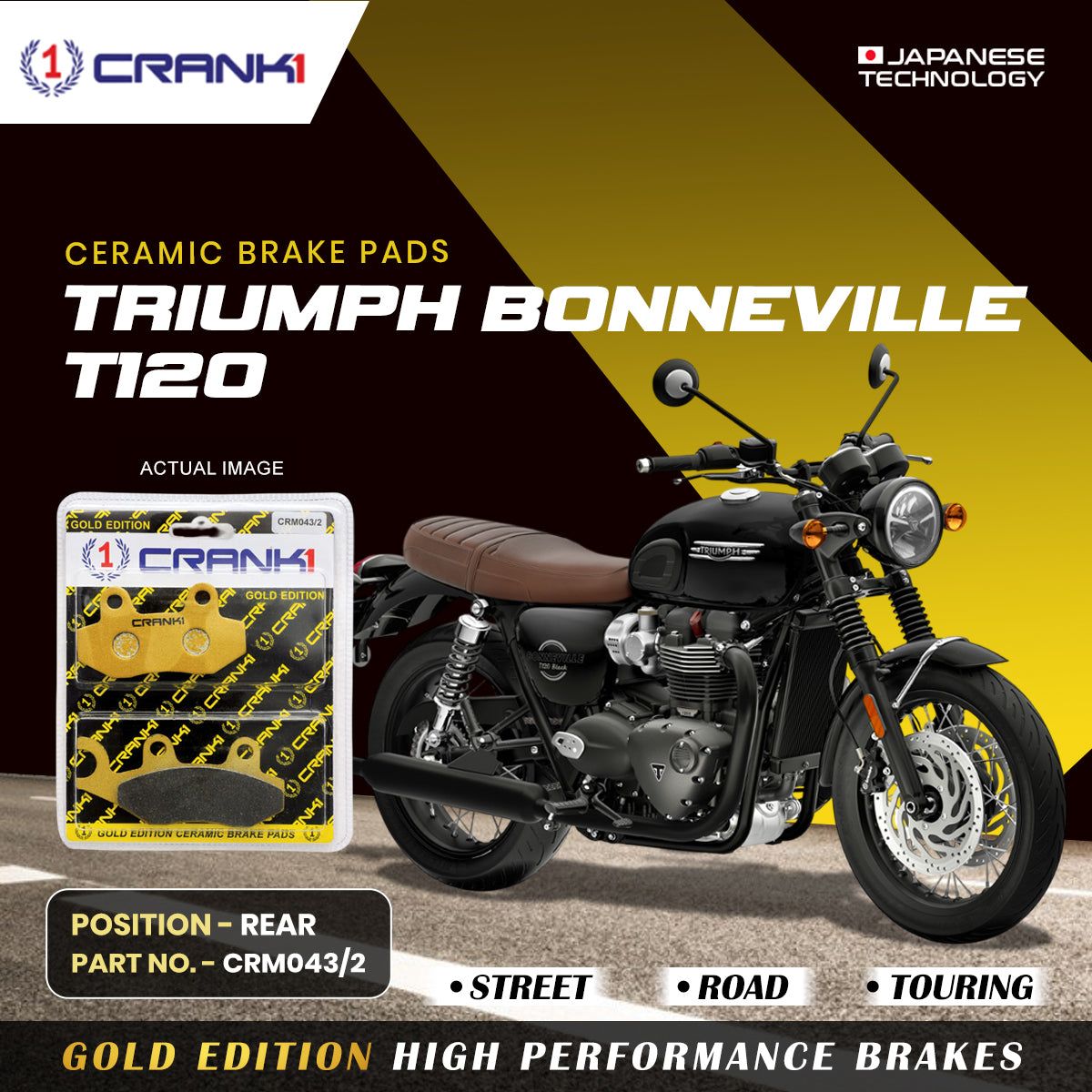 Ceramic Brake Pads For Triumph Bonneville T120 - Rear - CRM043/2 - 1 Set - CRANK1