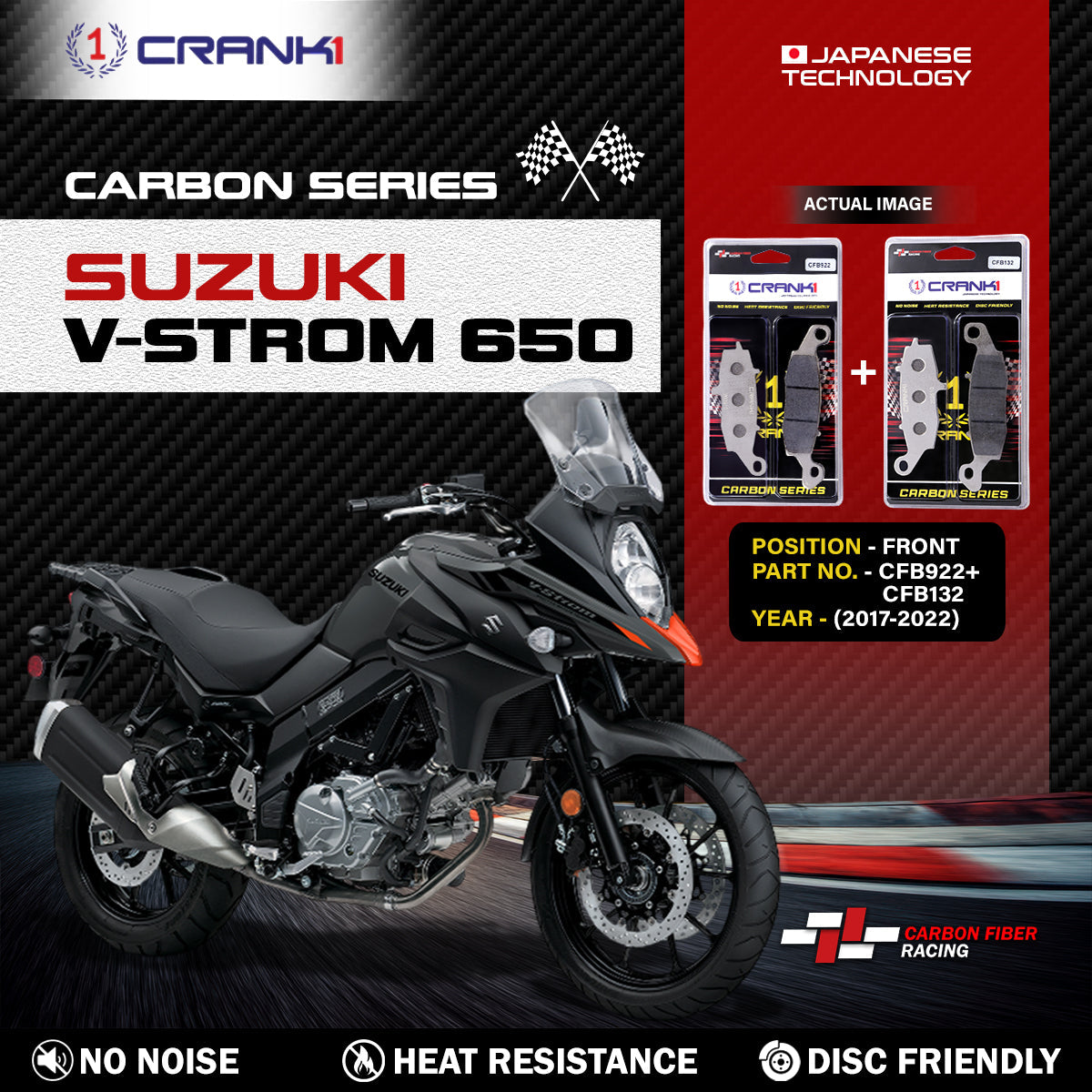 Carbon Brake Pads For Suzuki V-Strom 650 (2017-2022) - Front - CFB922 + CFB132 - 2 Sets - CRANK1