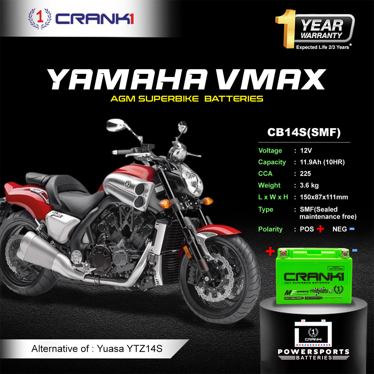 Battery For Yamaha VMAX (2009-2020) - CB14S - Factory Activated - CRANK1