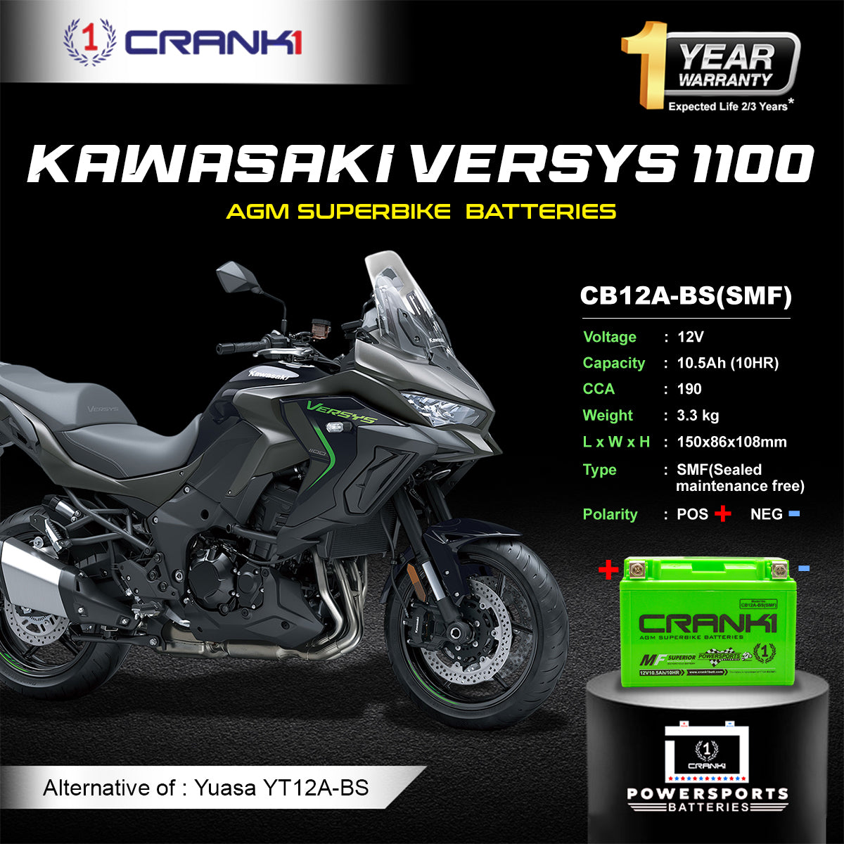 Battery For Kawasaki Versys 1100 (2024 onwards) - CB12A-BS - Factory Activated - CRANK1
