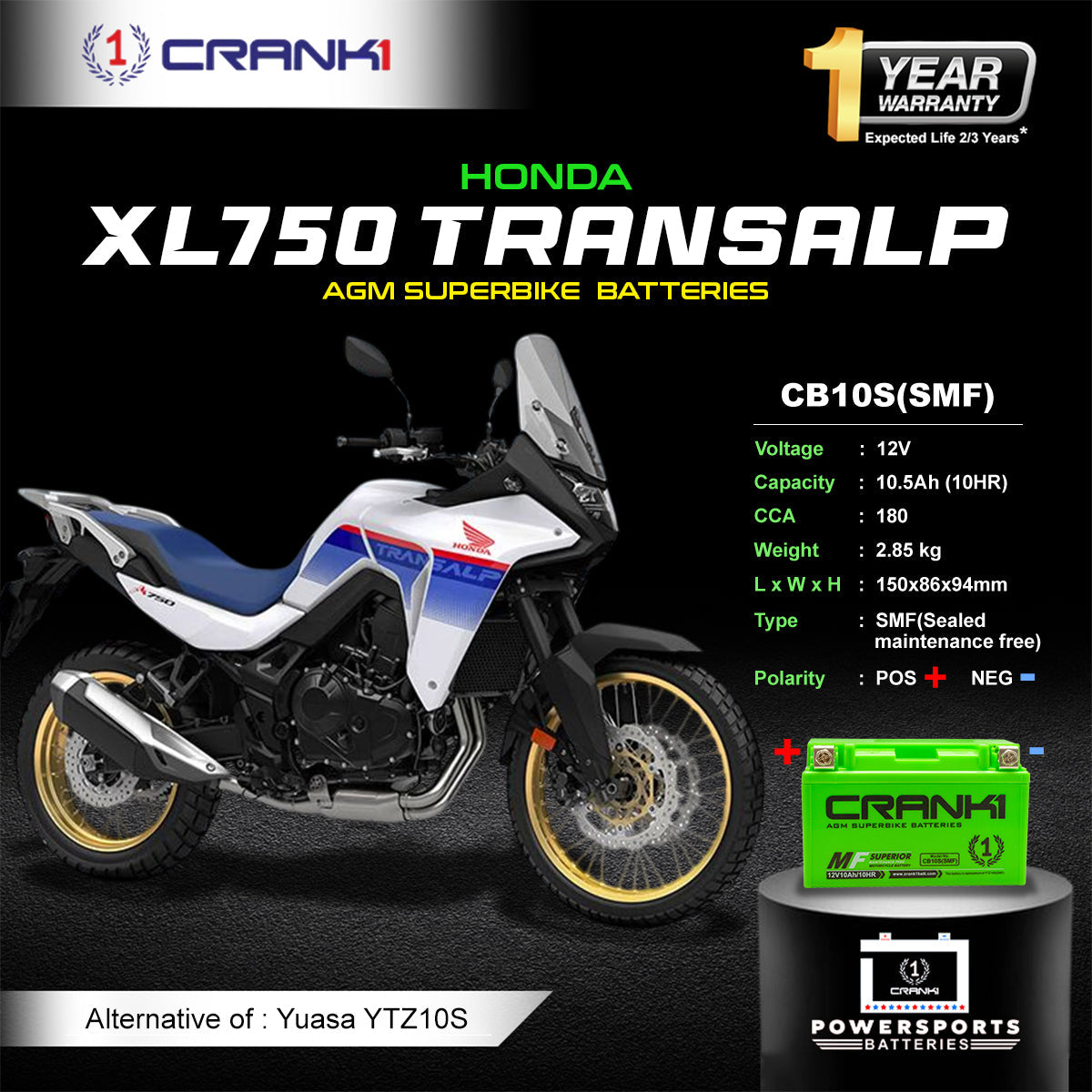 Battery For Honda XL750 Transalp - CB10S - Factory Activated - CRANK1