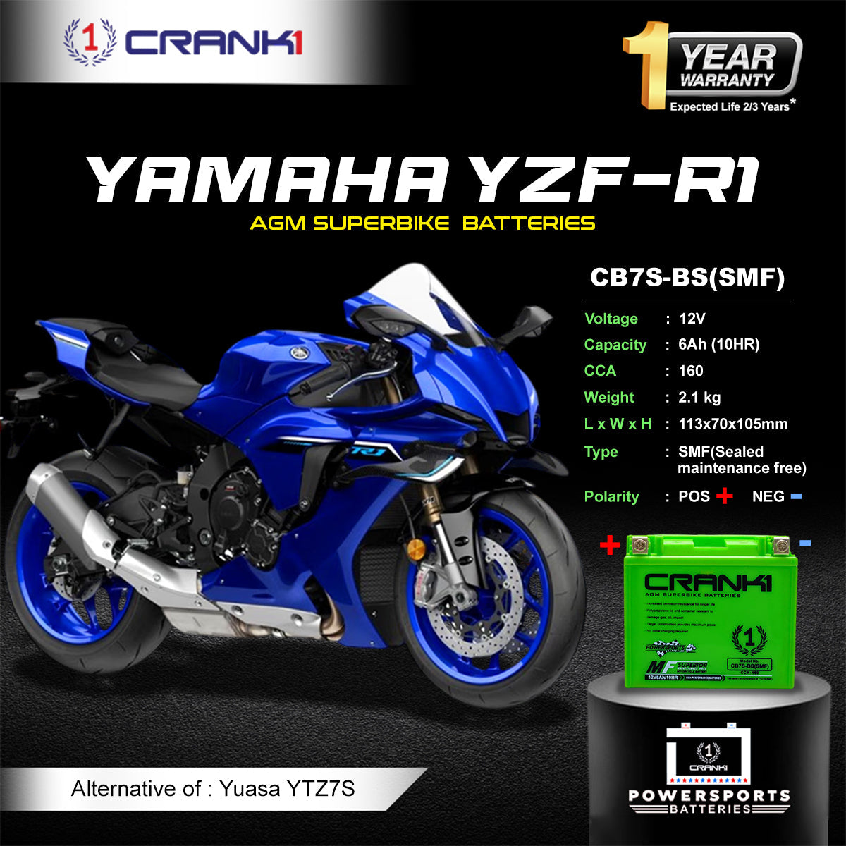 Battery For Yamaha YZF-R1 (2019 Onwards) - CB7S-BS - Factory Activated - CRANK1