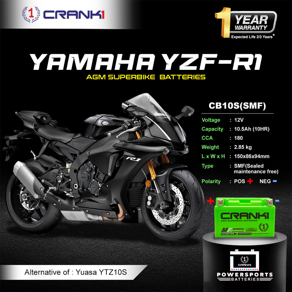 Battery For Yamaha YZF-R1 (2004-2018)  - CB10S - Factory Activated - CRANK1