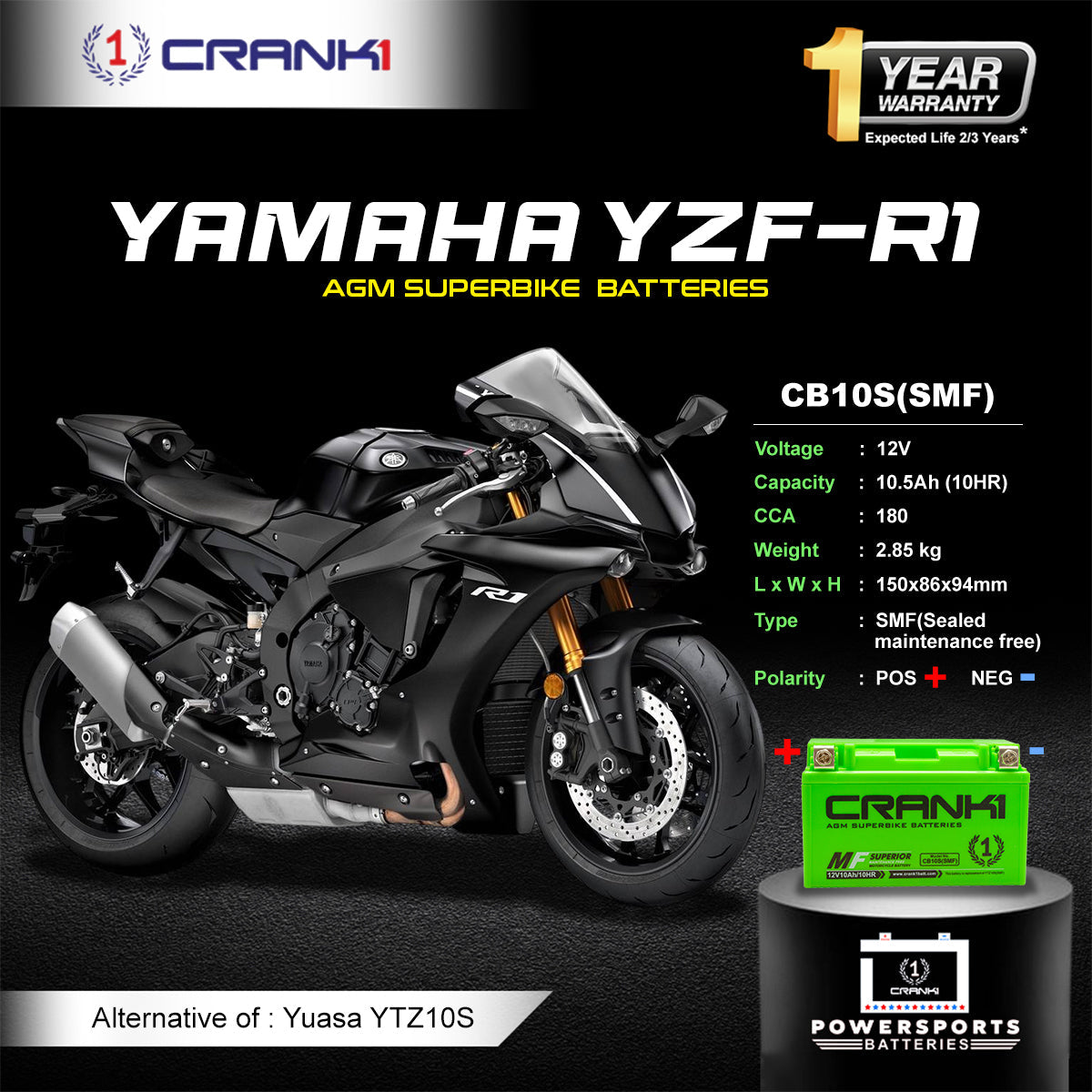 Battery For Yamaha YZF-R1 (2004-2018)  - CB10S - Factory Activated - CRANK1