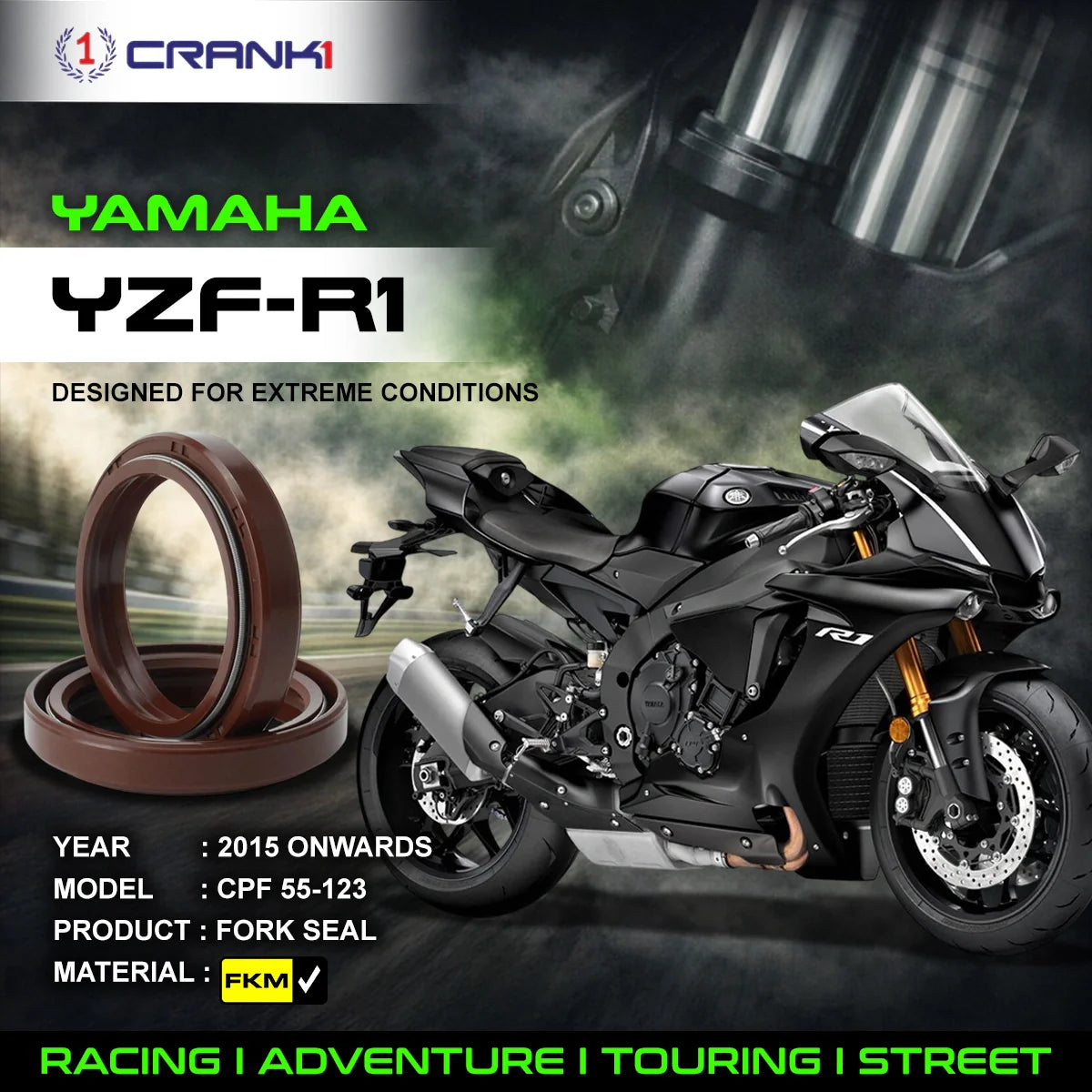 Fork Oil Seals Pair For Yamaha YZF-R1 (2015 Onwards) - CPF55-123 - CRANK1