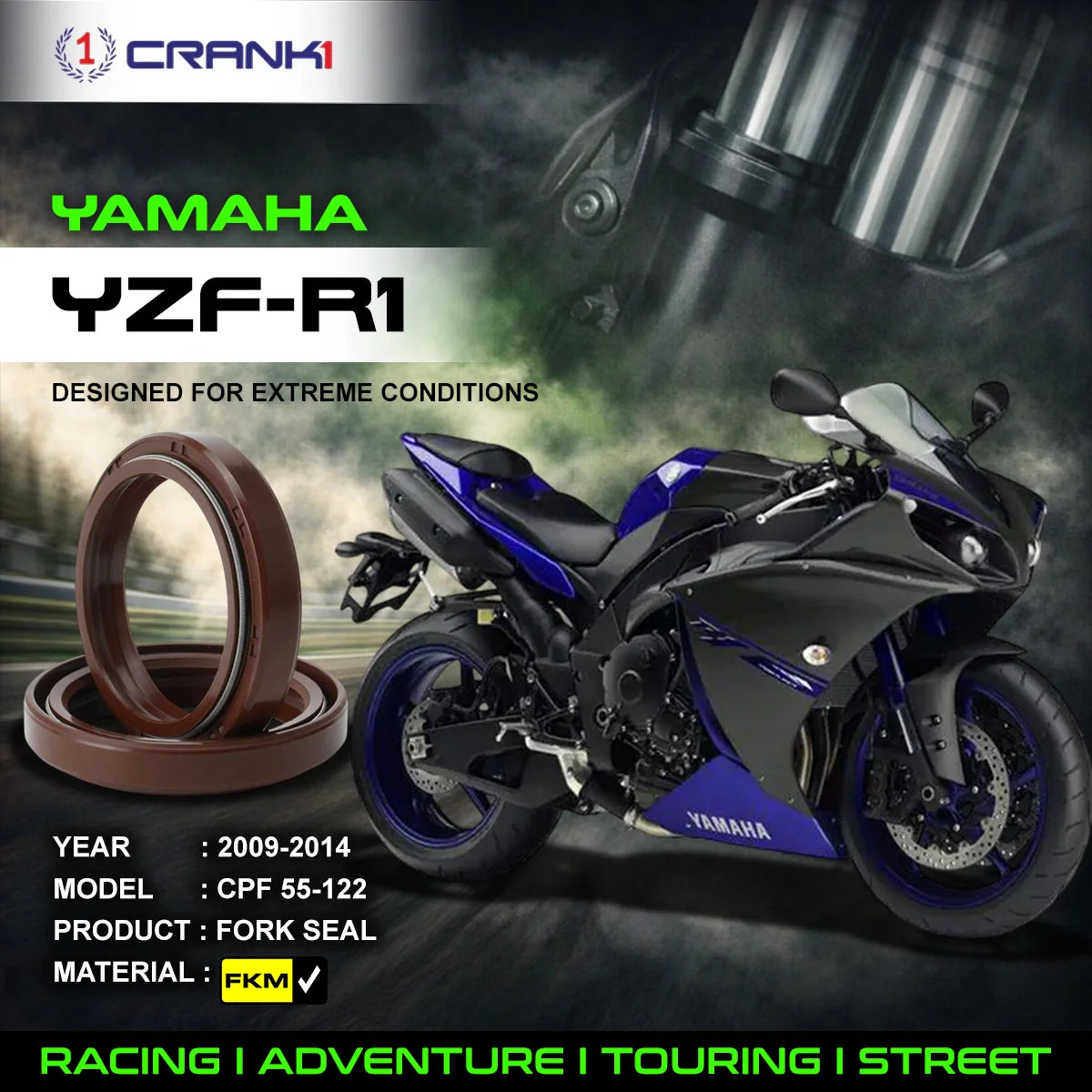 Fork Oil Seals Pair For Yamaha YZF-R1 (2009-2014) - CPF55-122 - CRANK1