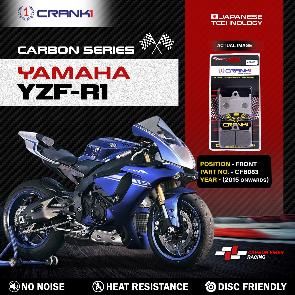 Carbon Brake Pads For Yamaha YZF-R1 (2015 Onwards) - Front - CFB083 - 2 Sets - CRANK1
