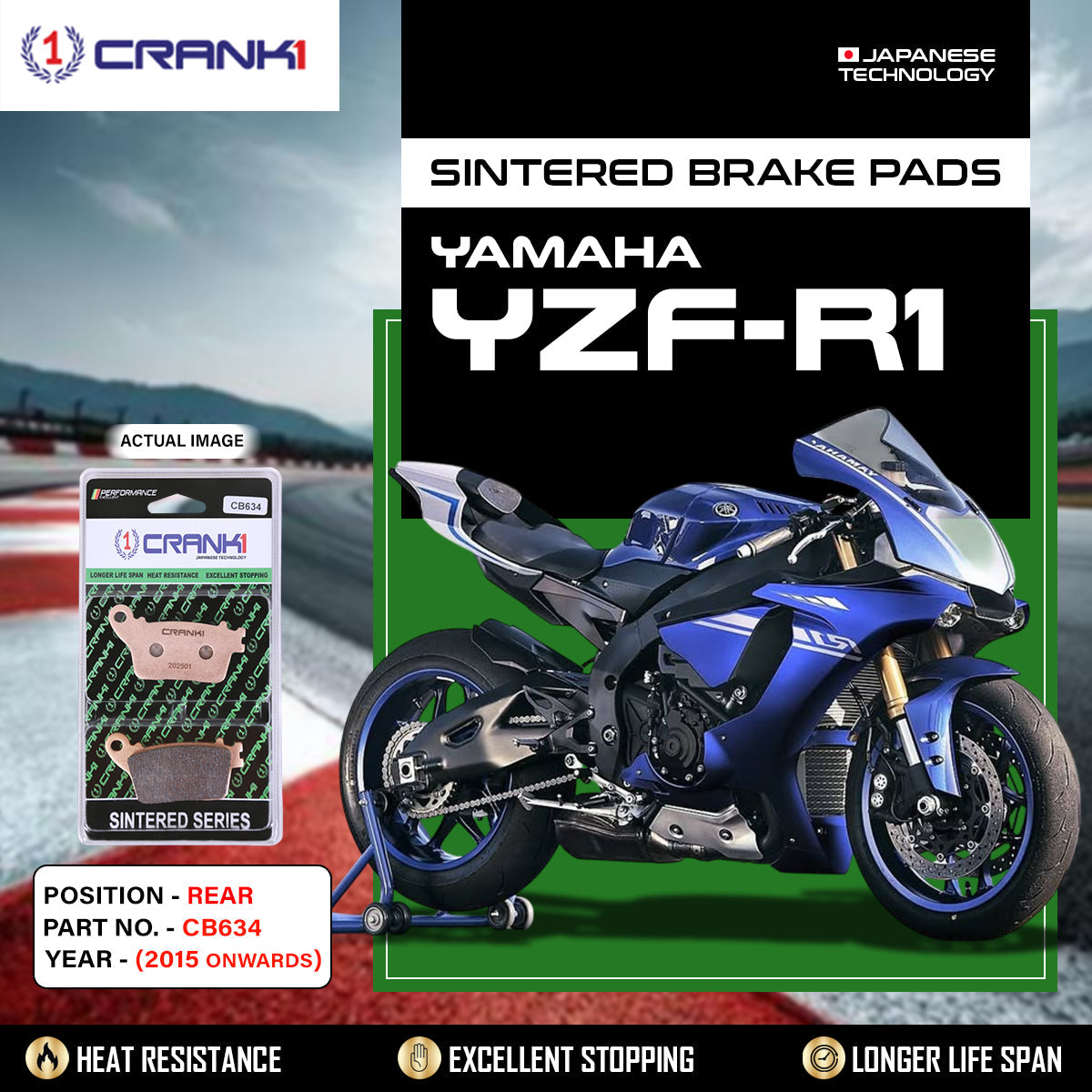Sintered Brake Pads For Yamaha YZF-R1 (2015 Onwards) - Rear - CB634 - 1 Set - CRANK1