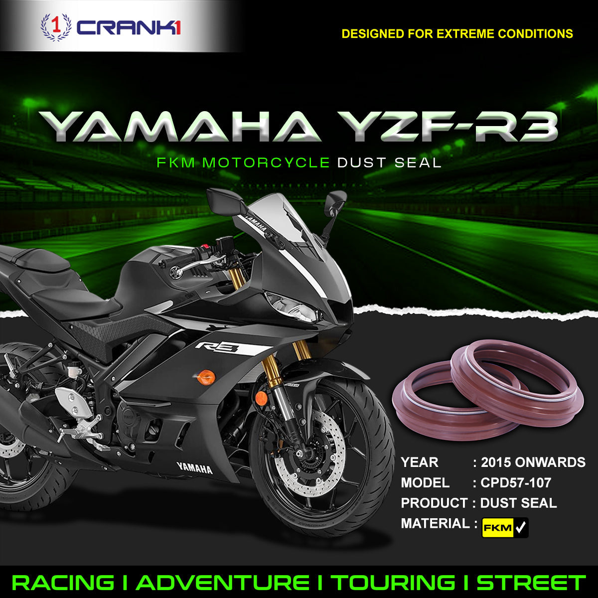 Fork Dust Seals Pair For Yamaha YZF-R3 (2015 Onwards) - CPD57-107 - CRANK1