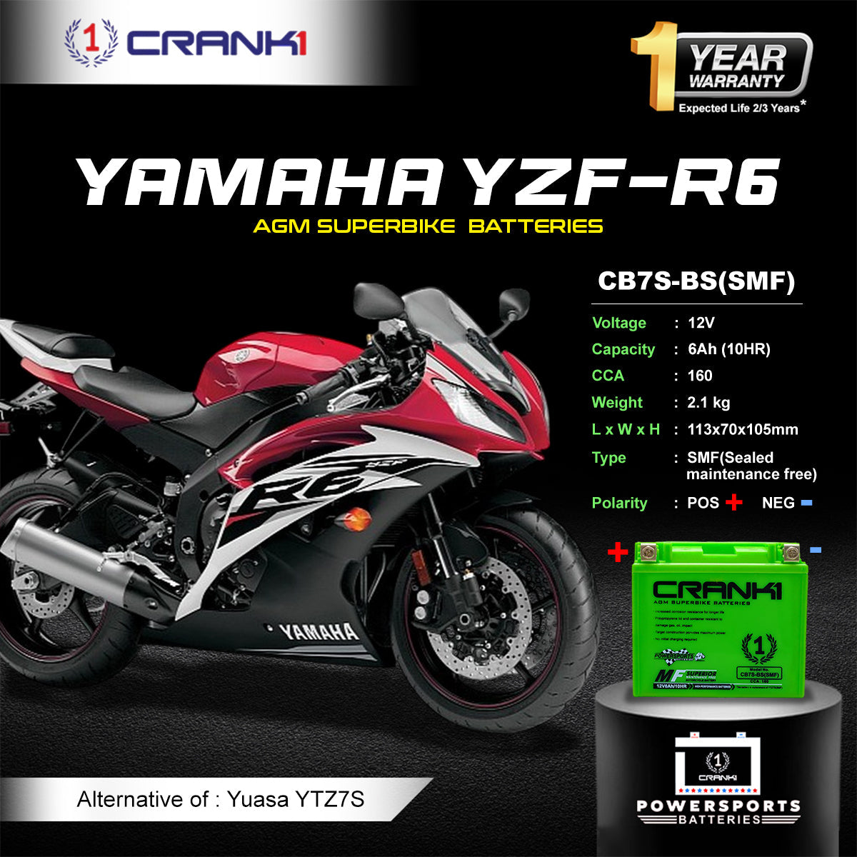 Battery For Yamaha YZF-R6 (2017-2021) - CB7S-BS - Factory Activated - CRANK1