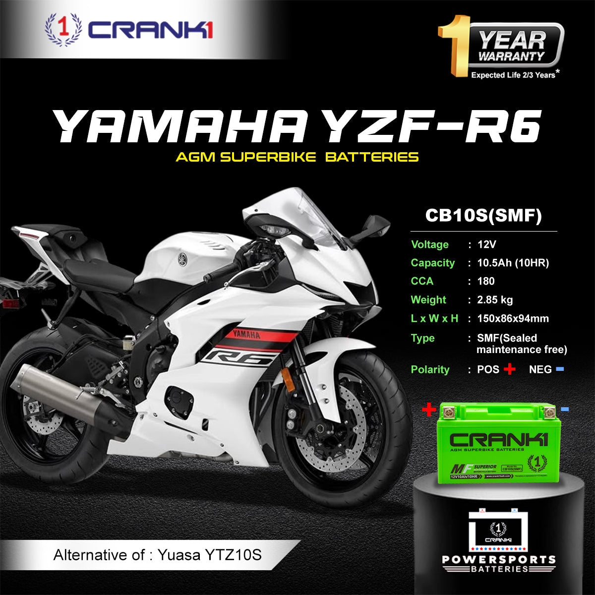 Battery For Yamaha YZF-R6 (2010-2025) - CB10S - Factory Activated - CRANK1