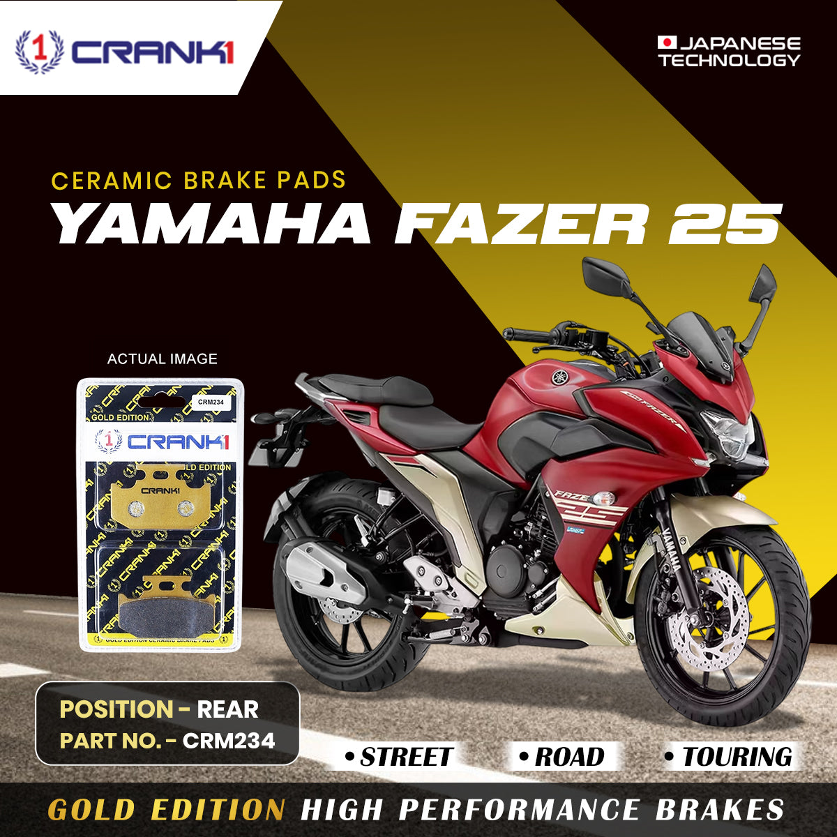 Ceramic Brake Pads For Yamaha Fazer 25 - Rear - CRM234 - 1 Set - CRANK1