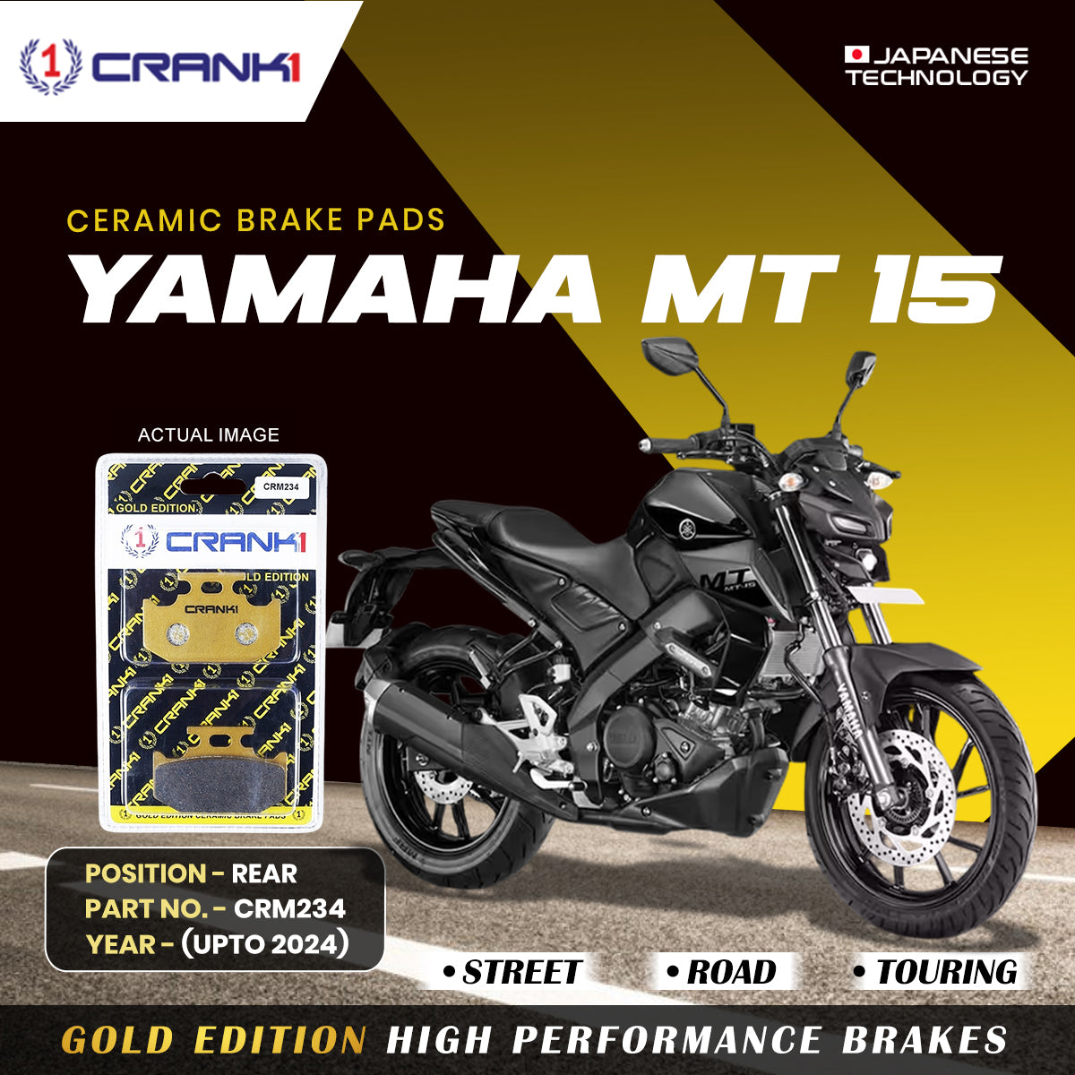 Ceramic Brake Pads For Yamaha MT-15 (Upto 2024) - Rear - CRM234 - 1 Set - CRANK1