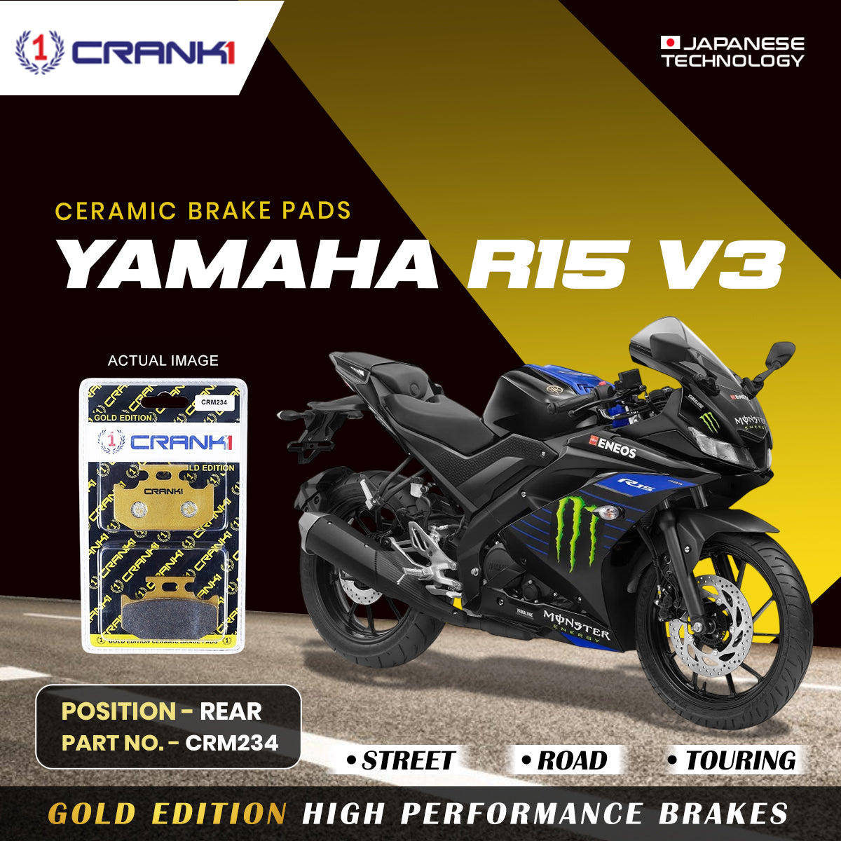 Ceramic Brake Pads For Yamaha R15 V3 - Rear - CRM234 - 1 Set - CRANK1