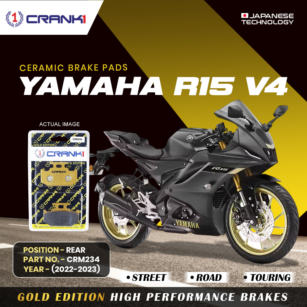 Ceramic Brake Pads For Yamaha R15 V4 (2022-2023) - Rear - CRM234 - 1 Set - CRANK1