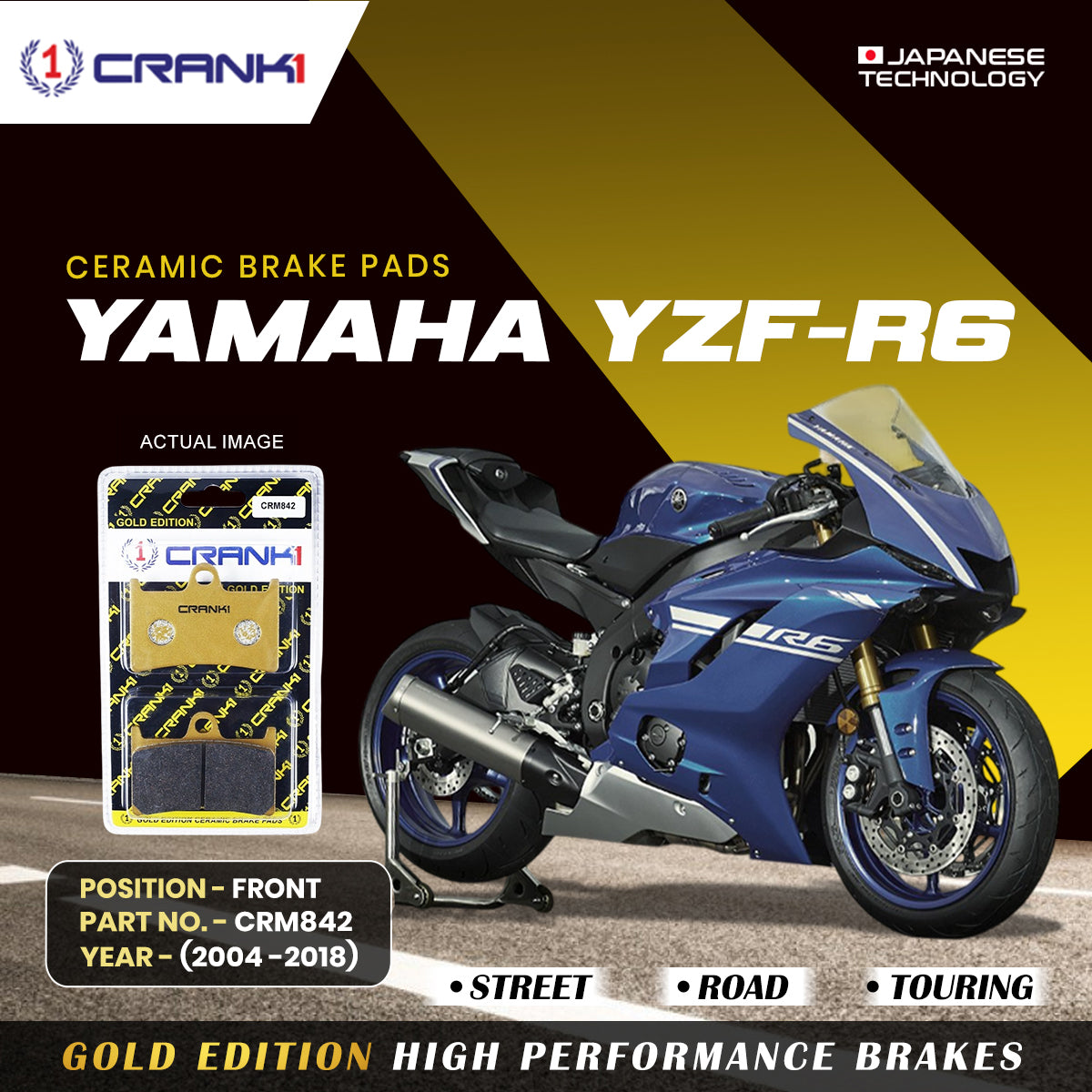 Ceramic Brake Pads For Yamaha YZF-R6 (2004-2018) - Front - CRM842 - 2 Sets - CRANK1