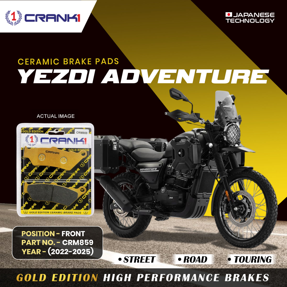 Ceramic Brake Pads For Yezdi Adventure (2022-2025) - Front - CRM859 - 1 Set - CRANK1