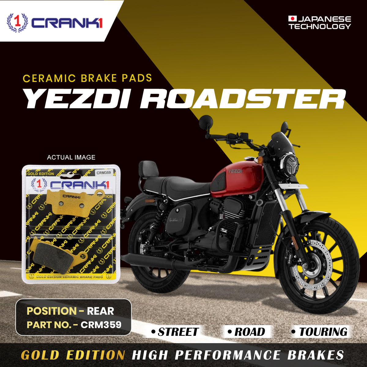 Ceramic Brake Pads For Yezdi Roadster - Rear - CRM359 - 1 Set - CRANK1