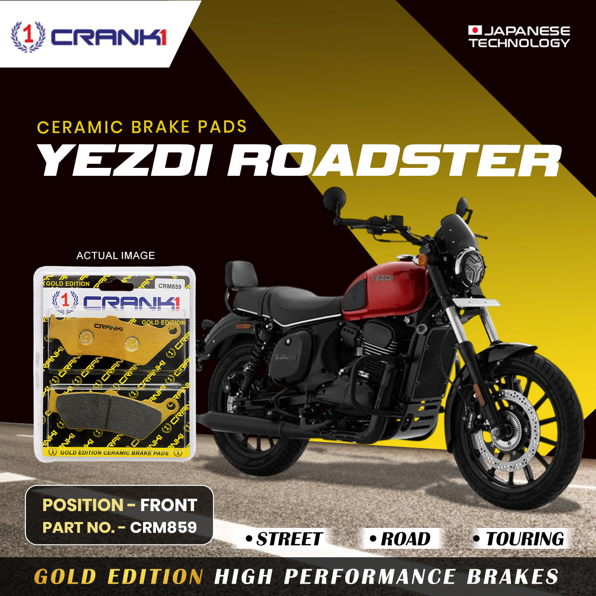 Ceramic Brake Pads For Yezdi Roadster - Front - CRM859 - 1 Set - CRANK1