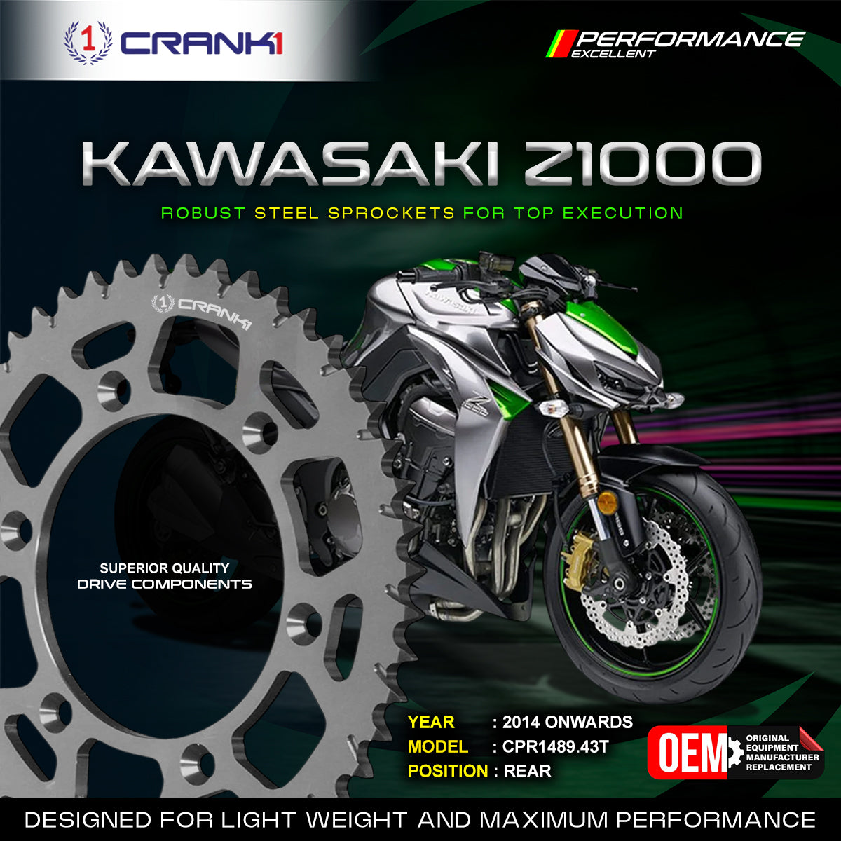 Sprocket For Kawasaki Z1000 (2014 Onwards) - Rear - CPR1489.43T - CRANK1