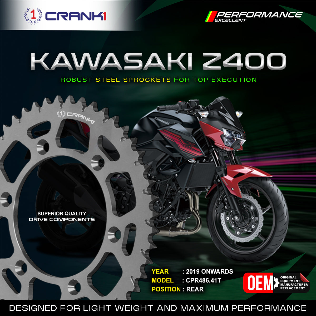 Sprocket For Kawasaki Z400 (2019 Onwards) - Rear - CPR486.41T - CRANK1