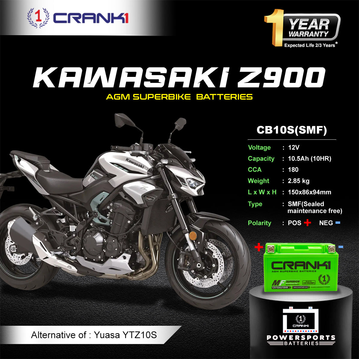 Battery For Kawasaki Z900 (2017-2025) - CB10S - Factory Activated - CRANK1