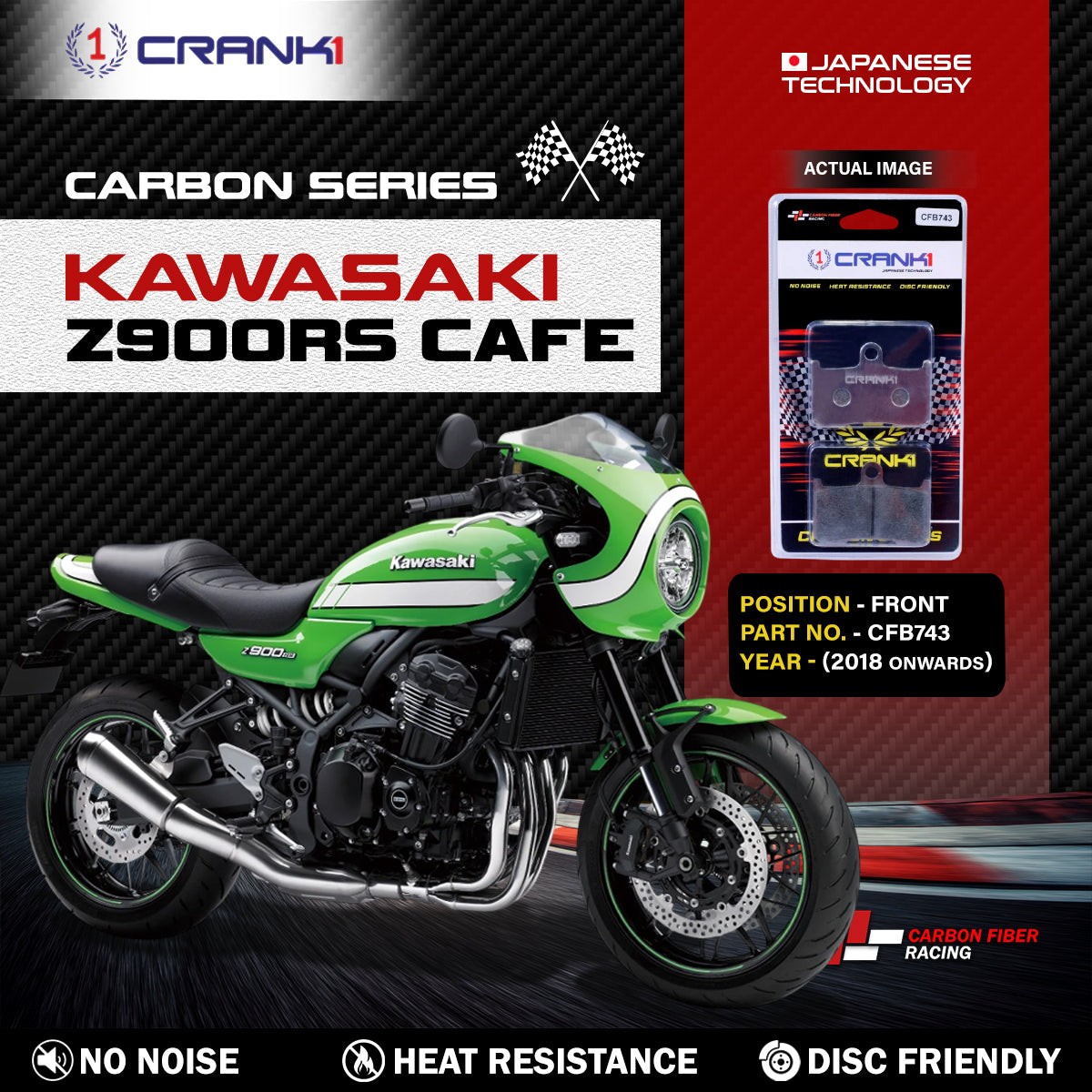 Carbon Brake Pads For Kawasaki Z900 Cafe (2018 Onwards) - Front - CFB743 - 2 Sets - CRANK1